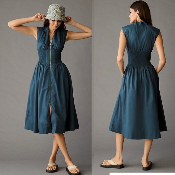 Anthropologie Dresses & Skirts - Anthropologie The Tommie Cap-Sleeve Smocked Front-Zip Shirt Dress XS blue new
